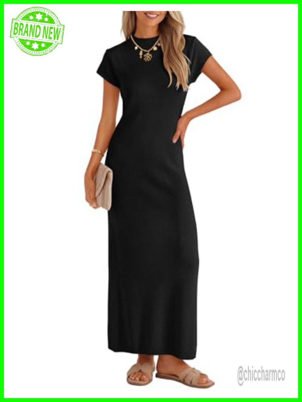 ZESICA Bodycon Knit Short Sleeve Sweater Maxi Dress Crewneck Office Casual
